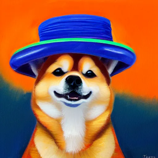 Image similar to oil painting of a shiba inu dog wearing a sombrero, orange background