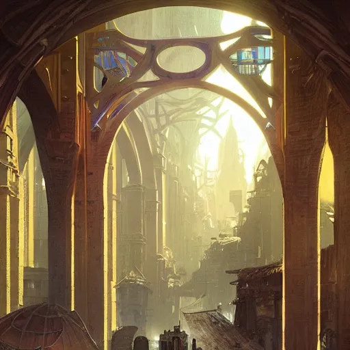 Prompt: art deco archway leading into arcology with studio ghibli wooden homeless medieval city built into it, science fiction concept art by greg rutkowski and wayne barlowe and alphonse mucha