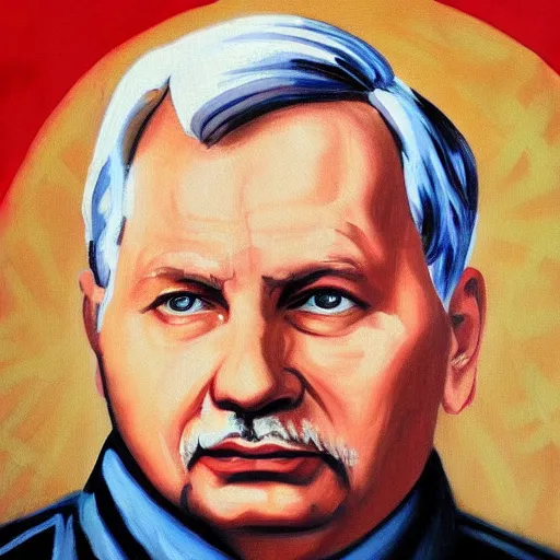 Image similar to a soviet dictator propaganda painting of jarosław kaczynski