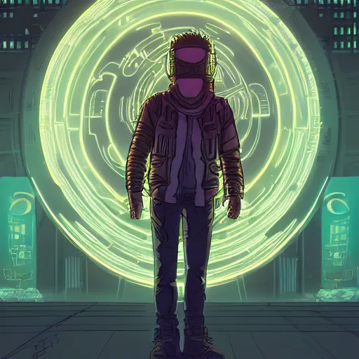 Image similar to in the style of max prentis and deathburger and laurie greasley a young wearing a cyberpunk headpiece who is standing infront of a large circular ancient glowing portal, highly detailed, 8k wallpaper