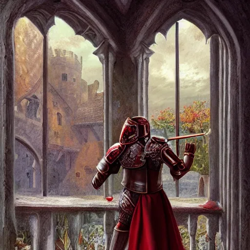 Image similar to knight, fantasy art, located in a castle, red armor, morning sunlight through the window, decorated, high quality, highly detailed,