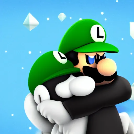 Image similar to luigi sitting next to tux in front of a computer, hugging each other, cute digital art, 4 k