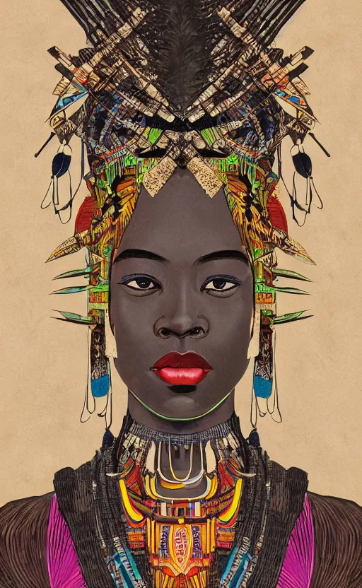 Image similar to upper half portrait of retro futuristic african tribal chief - embellished with vegetation and iridescent crystals, art by utagawa kunisada, highly detailed, digital painting, concept art, illustration, sharp focus, intricate, symmetry, artstation, colourful,