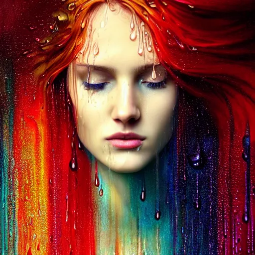 Image similar to dramatic asthetic portrait of revelation in uniquely colored rain with wet hair and face, liquid drops, epiphany, bliss, fantasy, intricate, elegant, dramatic lighting, highly detailed, lifelike, photorealistic, digital painting, artstation, concept art, smooth, sharp focus, illustration, art by John Collier and Albert Aublet and Krenz Cushart and Artem Demura and Alphonse Mucha