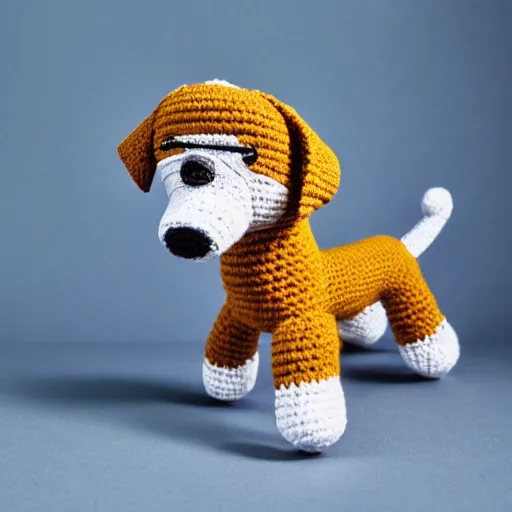 Prompt: a crochet dog, Sigma 30 mm f/1.4