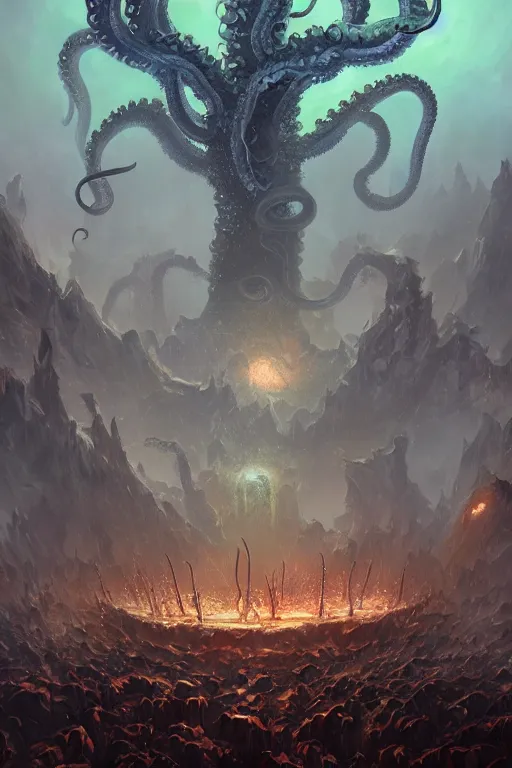 Prompt: giant mass of tentacles at the center of the universe, lovecraftian deity, god, monster, huge, towering, gigantic, high octane, 8 k, digital art, magic the gathering, mtg, by greg rutkowski, trending on artstation