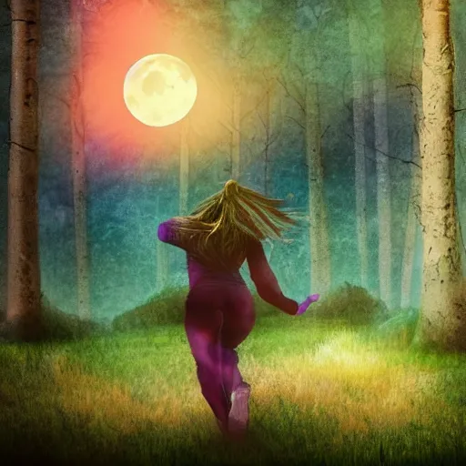 Prompt: timberwolf running with girl on back deviantart majestic surreal colorful feathers beautiful lovely forest mountain night full moon wide shot high definition