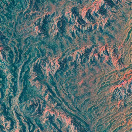 Image similar to beautiful sentinel satellite shot of a terraformation with consistent color scheme and complex patterns veining the ground, photorealistic, very high quality, octane render, 8 k