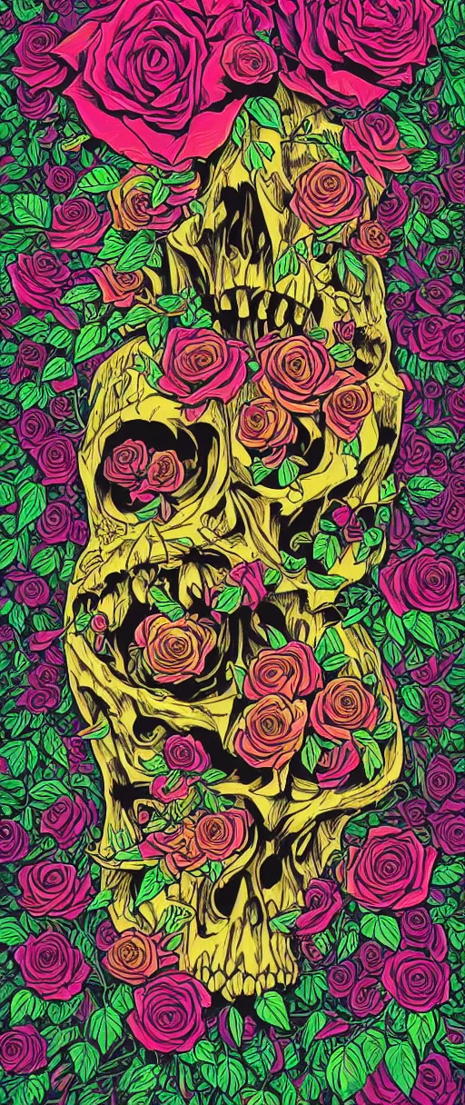 Image similar to ortographic view of a large skull and psychedelic roses with a forest background by Jen Bartel and Dan Mumford and Satoshi Kon, gouache illustration