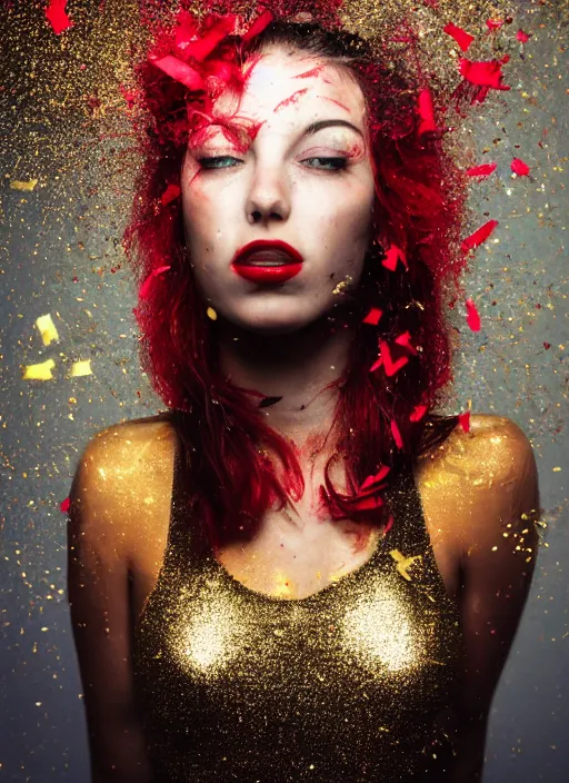 Image similar to a dramatic lighting photo of a beautiful young woman with confetti hair. paint splashes. moody, melanchonic. with a little bit of gold and red