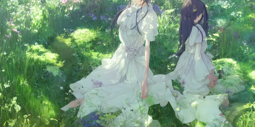 Image similar to a depressed digital art, loli in dress, garden, green and warm theme, blue accents, back lighting, highly detailed, 4 k resolution, trending on art station, by krenz cushart and mucha and akihito yoshida and greg rutkowski and makoto shinkai