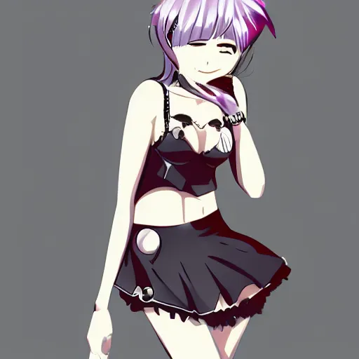 Image similar to anime illustration gorgeous punk woman in miniskirt and tank top op, blushing