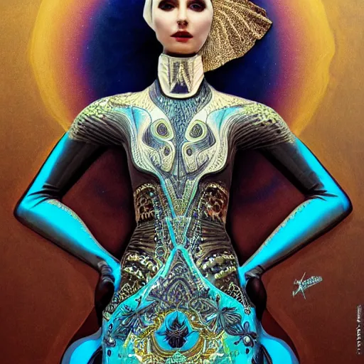 Image similar to a beautiful arabian woman wearing a futuristic dress by alexander mcqueen, thom browne, karol bak, ayami kojima, artgerm, arabian beauty, blue eyes, smile, futuristic, organic dress, pattern, concept art, fantasy