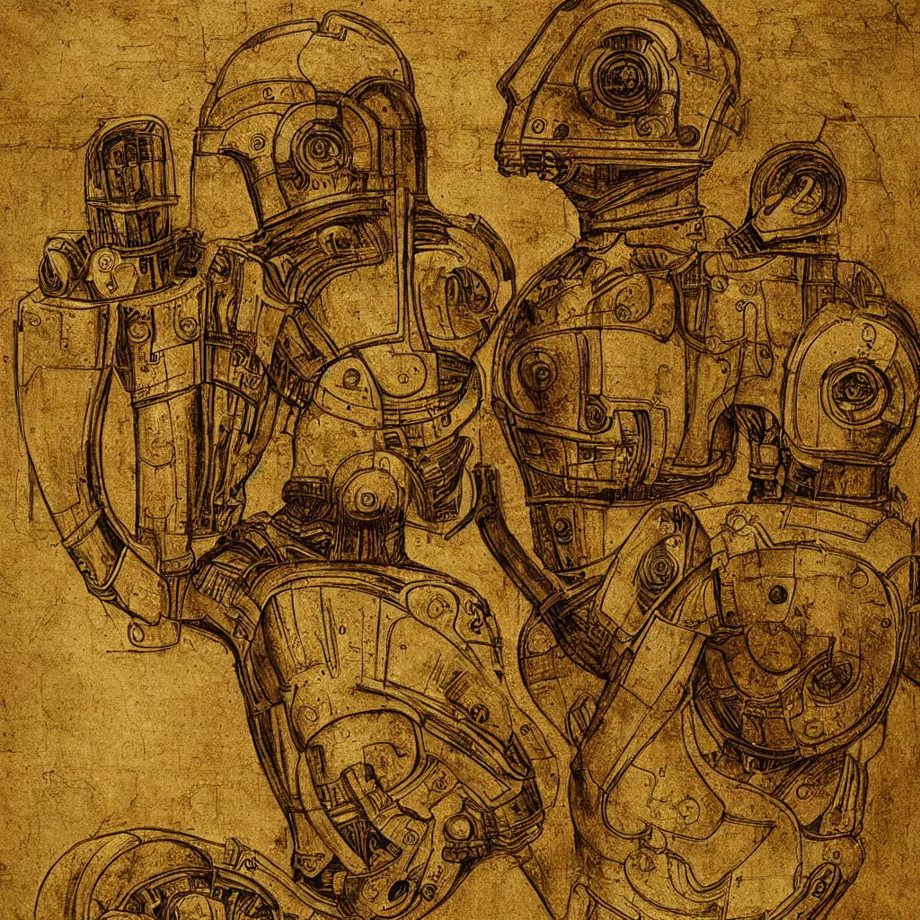 Image similar to c 3 po design schematic by leonardo da vinci, very detailed