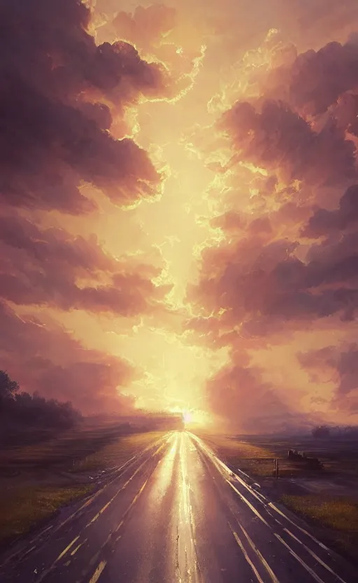 Image similar to paperback book cover by greg rutkowski. pure colors, melting clouds, accurately drawn details, a sunburst above a receding road with the light reflected in furrows and ruts, after rain. photorealistic. octane render. cinematic. trending on artstation. textless.