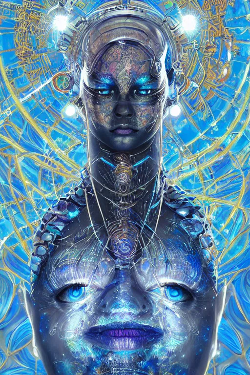 Image similar to Portrait of a psychedelic sci-fi shaman, third person, D&D, sci-fi fantasy, intricate, blue and gold, highly detailed , art by Range Murata, highly detailed, 3d, octane render, bright colors, digital painting, trending on artstation, sharp focus, illustration style of Stanley Artgerm,