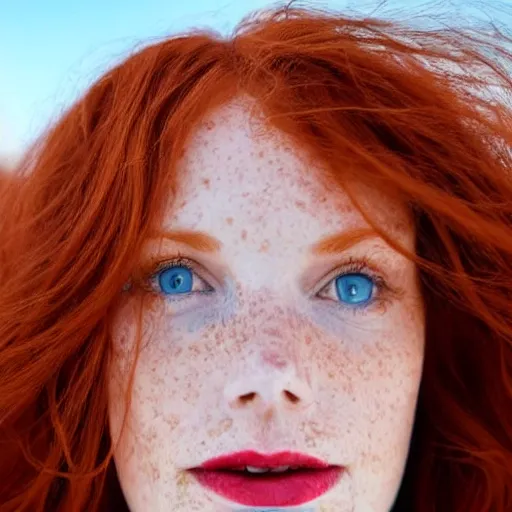 Image similar to Close up photo of the left side of the head of a redhead woman with gorgeous blue eyes and wavy long red hair, red detailed lips and freckles who looks directly at the camera. Slightly open mouth. Whole head visible and covers half of the frame, with a park visible in the background. 135mm nikon.