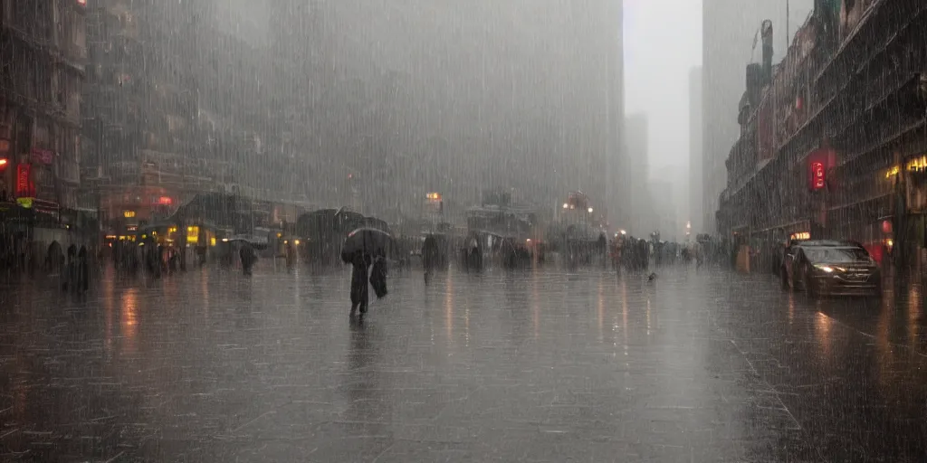 Prompt: a rainy day in a bustling lively city with, muted, dull