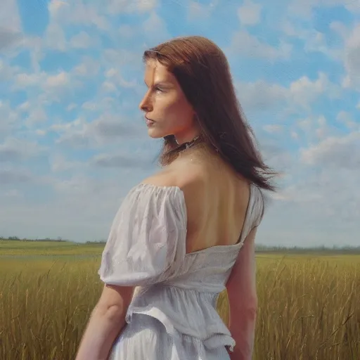 Image similar to a vogue model in a field, oil painting, pale colors, high detail, 8 k, wide angle, trending on artstation,