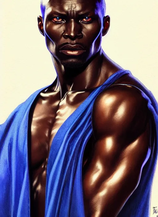 Image similar to portrait of an African man, glowing blue eyes!! muscular, black leather robes! intricate, elegant, highly detailed, digital painting, artstation, concept art, smooth, sharp focus, illustration, art by artgerm and greg rutkowski and alphonse mucha