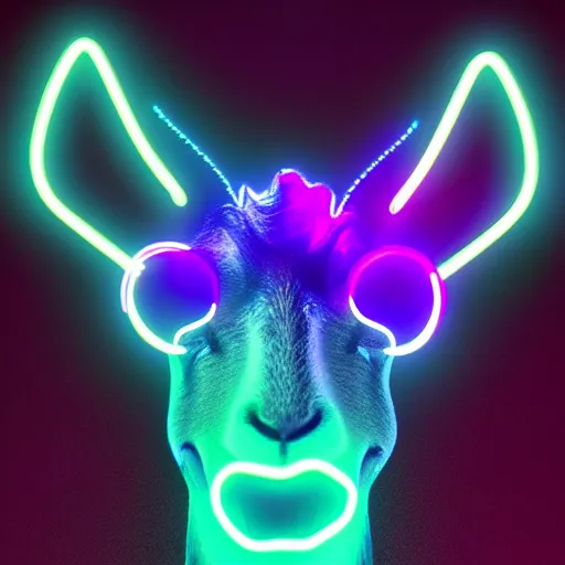 Image similar to synthwave goat face with neon horns, detailed face, sharp focus, synthwave art, aesthetic, octane render, raw, cinematic