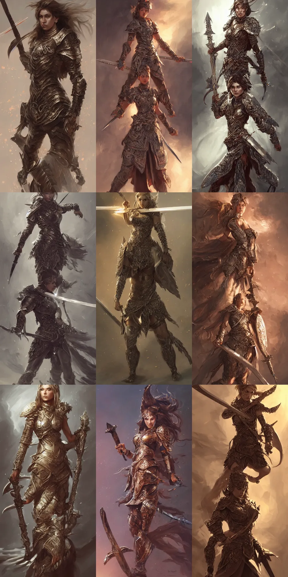 Prompt: Female warrior standing in battle with a one-handed sword, passion, bravery, intricate armour costumes, light and shadow effects, intricate, highly detailed, digital painting, art station, concept art, smooth, sharp focus, illustration, art by Krenz Cushart and WLOP from ArtStation