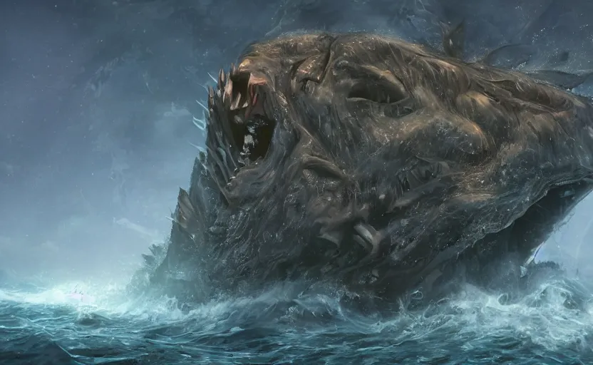 Prompt: monstrous deep sea creature, gaping maw, huge, crashing out of ocean on top of ship, artstation,