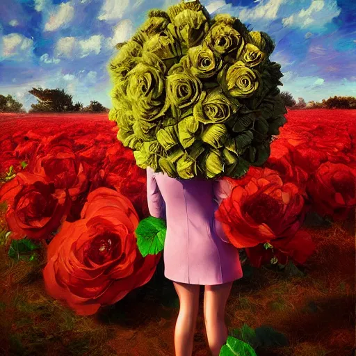 Image similar to giant rose flower head, frontal, girl in a suit, surreal photography, sunrise, dramatic light, impressionist painting, digital painting, artstation, simon stalenhag