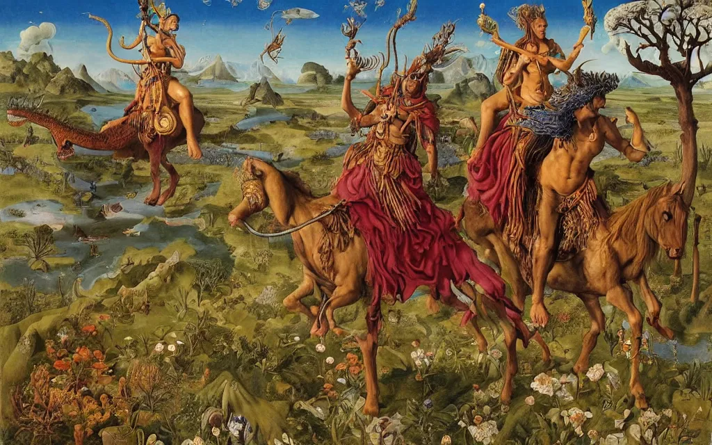 Image similar to a portrait photograph of a meditating shaman and a centaur monk riding a dragon and hunting at a river delta. surrounded by bulbous flowers and trees. mountain range under a blue sky of fiery stars. by jan van eyck, max ernst, ernst haeckel, ernst fuchs and artgerm, cgsociety, fashion editorial, 8 k