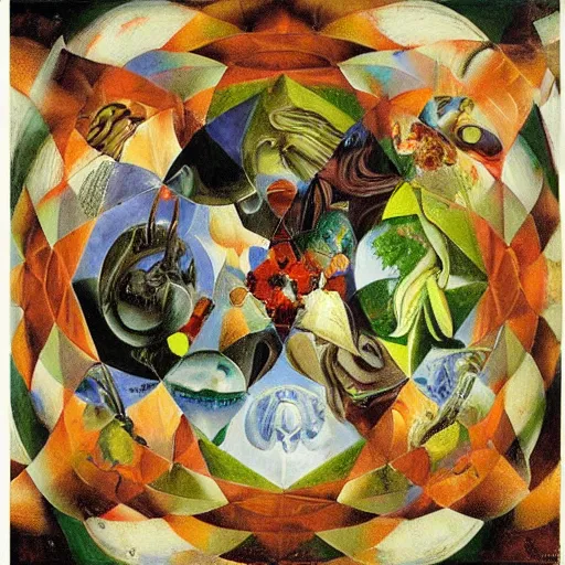 Prompt: an oil painting by arcimboldo, by georgia o keeffe, by botticelli, by giger, by frank frazetta seen through a kaleidoscope, kaleidoscope, broken, nerve system, medical