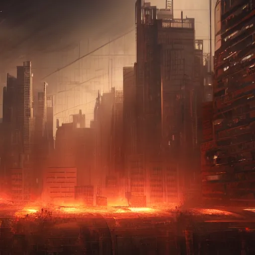 Image similar to apocalyptic, future city. rusted robots with lasers coming out of their eyes, burning everything. volumetric lighting, sharp focus, ultra detailed, cgsociety - w 1 0 2 4 - n 8 - i