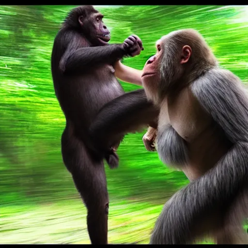 Image similar to stunning award winning hyperrealistic hdr 8 k highly detailed photo of garry busey fighting an ape, combat, fight, aggression