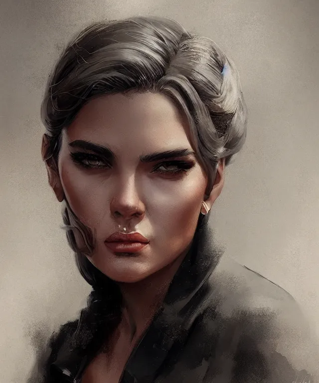 Image similar to Portrait of a female Mafia boss from 1960s, highly detailed, digital painting, artstation, concept art, smooth, sharp focus, illustration by Artgerm and Greg Rutkowski and Tom Bagshaw