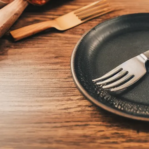 Image similar to a fork, a plate and a knife on a wooden table