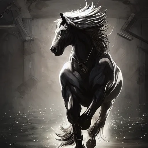 Image similar to splash art of a muscular black - coated anthropomorphic horse character wearing tactical kevlar fabric with a long white mane, exaggerated muscles, highly detailed, furry, furaffinity, digital painting, artstation, sharp focus, illustration, art by artgerm, greg rutkowski, alphonse mucha