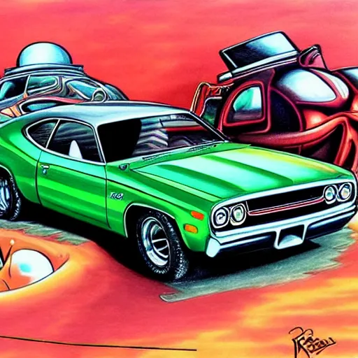 Prompt: Artwork of a 1972 Dodge Duster by Rat Fink