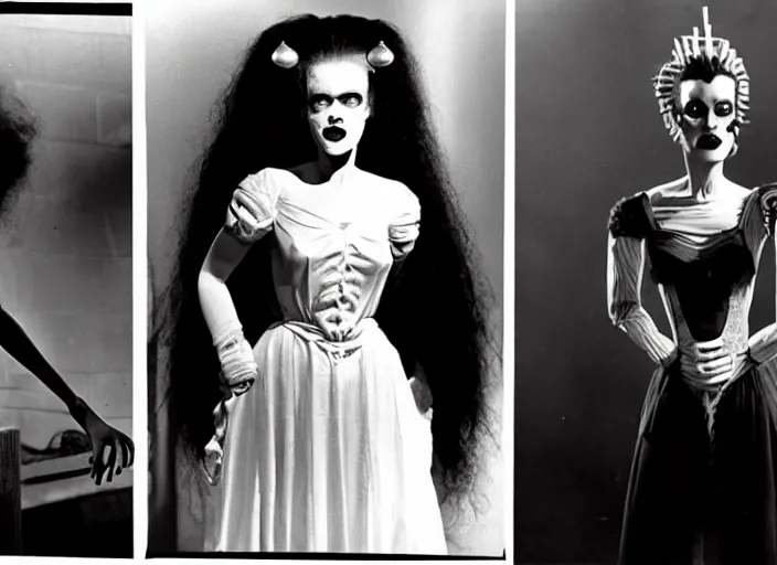 Image similar to instant photo, bride of frankenstein ( 1 9 3 5 ) as teen, still from the movie beetlejuice, cinematic, 1 9 7 0's movie still