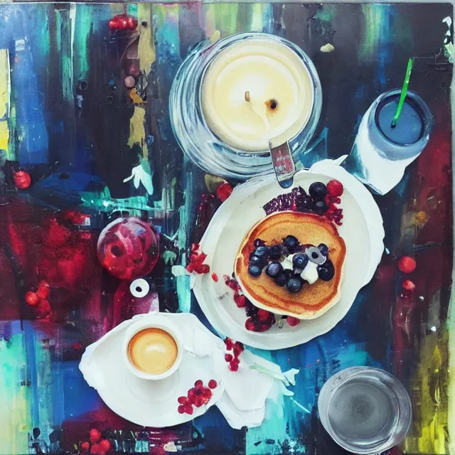 Image similar to “ sensual, a portrait in a female art student ’ s apartment, pancakes, iced latte, berries, art supplies, a candle dripping white wax, berry juice drips, neo - expressionism, surrealism, acrylic and spray paint and oilstick on canvas ”