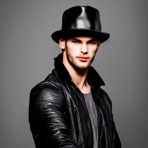 Image similar to a male model wearing a black leather hat, frontal view, cool looking