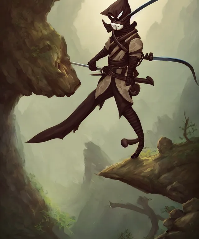 Image similar to anthropomorphic cat ninja, ninja outfit, holding a katana, standing in a beautiful landscape, cute and adorable, dnd character art portrait, matte fantasy painting, deviantart artstation, by jason felix by steve argyle by tyler jacobson by peter mohrbacher, cinematic lighting