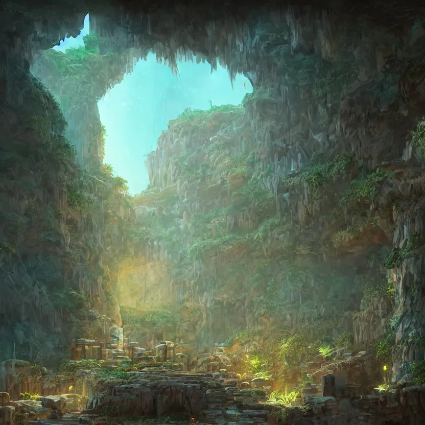 Prompt: interior of a cave with ancient ruins and plants with lights, retrowave epic art, trending on artstation, cgsociety