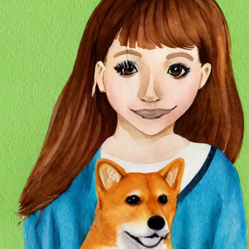 Image similar to a watercolor illustration of a girl with light brown hair, hazel eyes and freckles accompanied by a shiba inu