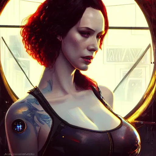 Image similar to christina hendricks in cyberpunk 2 0 7 7, intricate, elegant, highly detailed, digital painting, artstation, concept art, smooth, sharp focus, illustration, art by artgerm and greg rutkowski