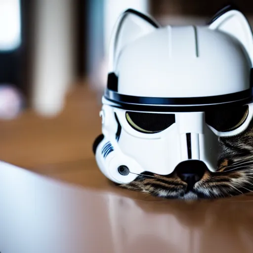 Prompt: a cat wearing a stormtrooper helmet while on the kitchen table, 40nm lens, shallow depth of field, split lighting, 4k,