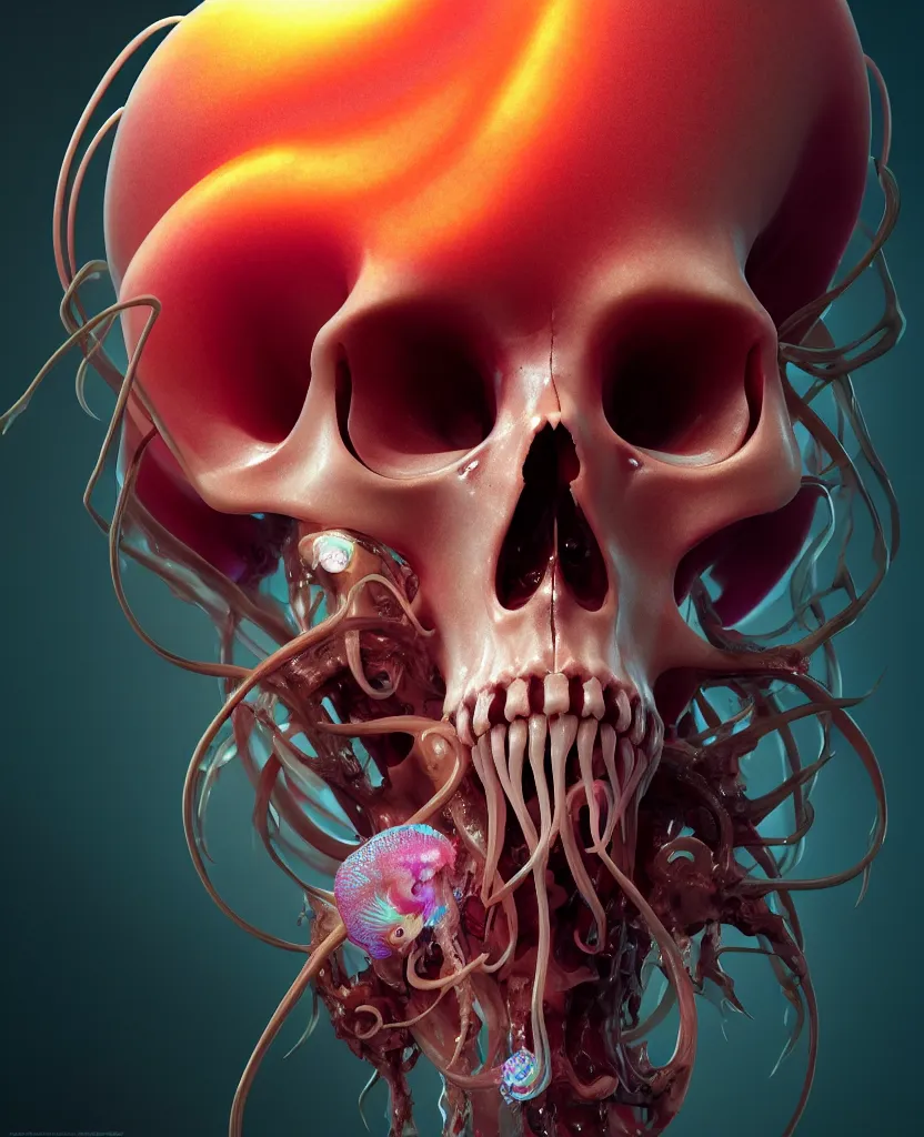 Image similar to goddess close - up portrait human skull, ram skull, squid phoenix jellyfish, orchid, betta fish, bioluminiscent, intricate artwork by tooth wu and wlop and beeple. octane render, trending on artstation, greg rutkowski very coherent symmetrical artwork. cinematic, hyper realism, high detail, octane render, 8 k