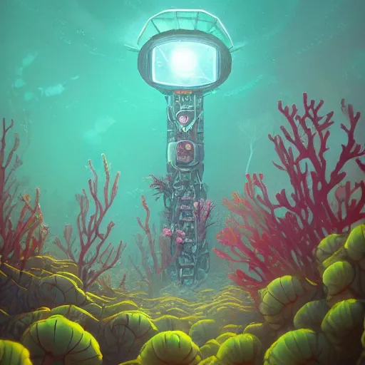 Image similar to beautiful painting of underwater corals as broadcast towers and flowers in white alien monuments in the style of Simon Stålenhag and H. R. Giger, detailed, trending on Artstation