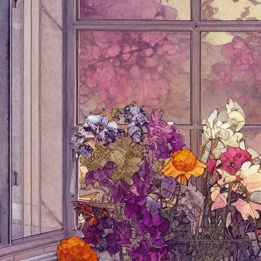 Prompt: a beautiful intricate watercolor illustration of a flower still life in a windows, 4 k, ultra - wide angle, by william turner, by victo ngai, by alphonse mucha, by miho hirano, hd, trending on artstation, hyper detailed, muted colors