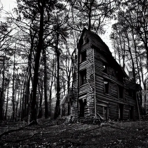 Image similar to twisted creepy building with in a dark forest at midnight