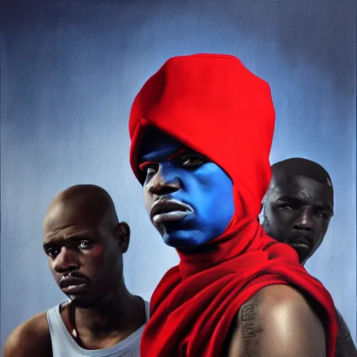 Prompt: crips vs bloods, uhd, 8 k painting by emanuele dascanio and robin eley