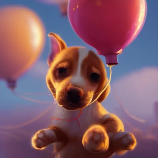 Image similar to puppy high in the air holding balloons, 8k, fantasy, intricate, cinematic lighting, highly detailed, digital painting, artstation, concept art, smooth, sharp focus, illustration, by Pixar